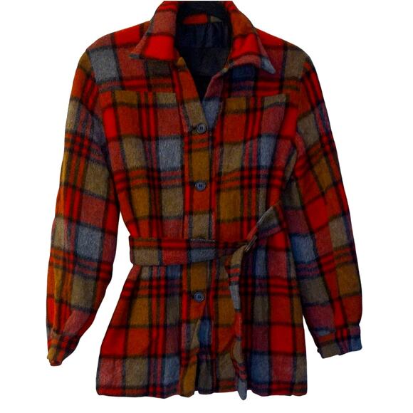 Vintage Red Plaid ShackeWool Blend Button-Up Coat with Belt READ - Picture 1 of 10